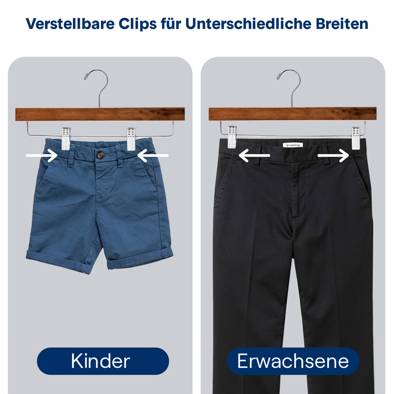Blaue Kindershorts und schwarze Erwachsenenhosen auf Bügeln, verstellbare Breite.