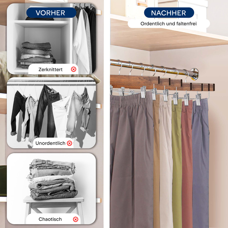 Vorher: zerknitterte Kleidung. Nachher: ordentliche Hosen an Kleiderbügeln.