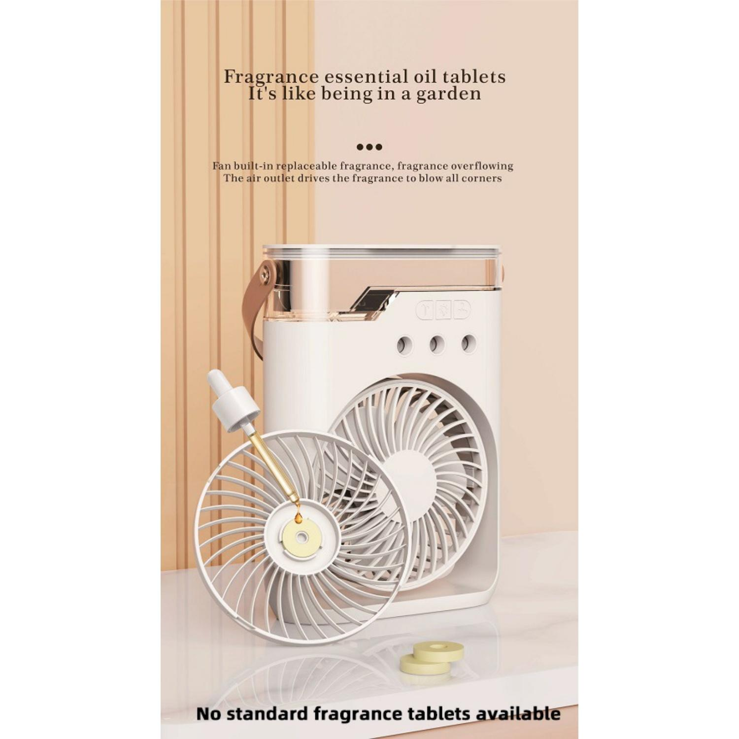 Ein weißer Ventilator mit duftenden Öl-Tabletten, der Duft versprüht.