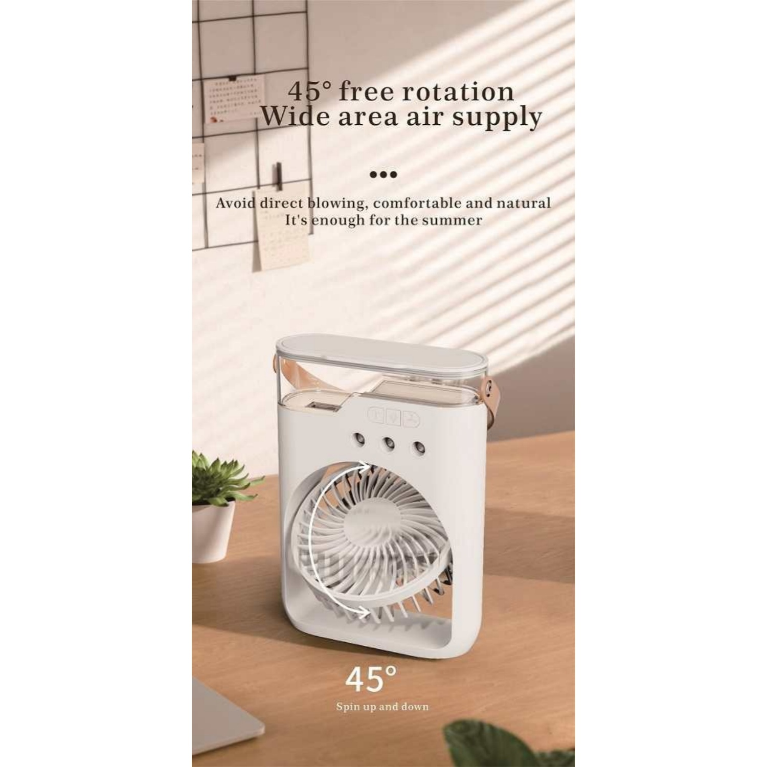 Ein weißer Ventilator mit 45° Drehung auf einem Holztisch neben einer Pflanze.