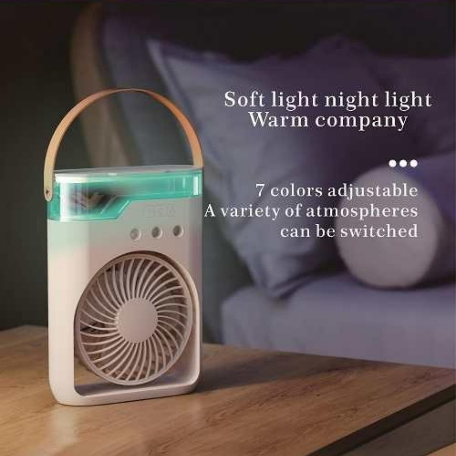 Ein tragbarer Ventilator mit integriertem Nachtlicht und verstellbaren 7 Farben.