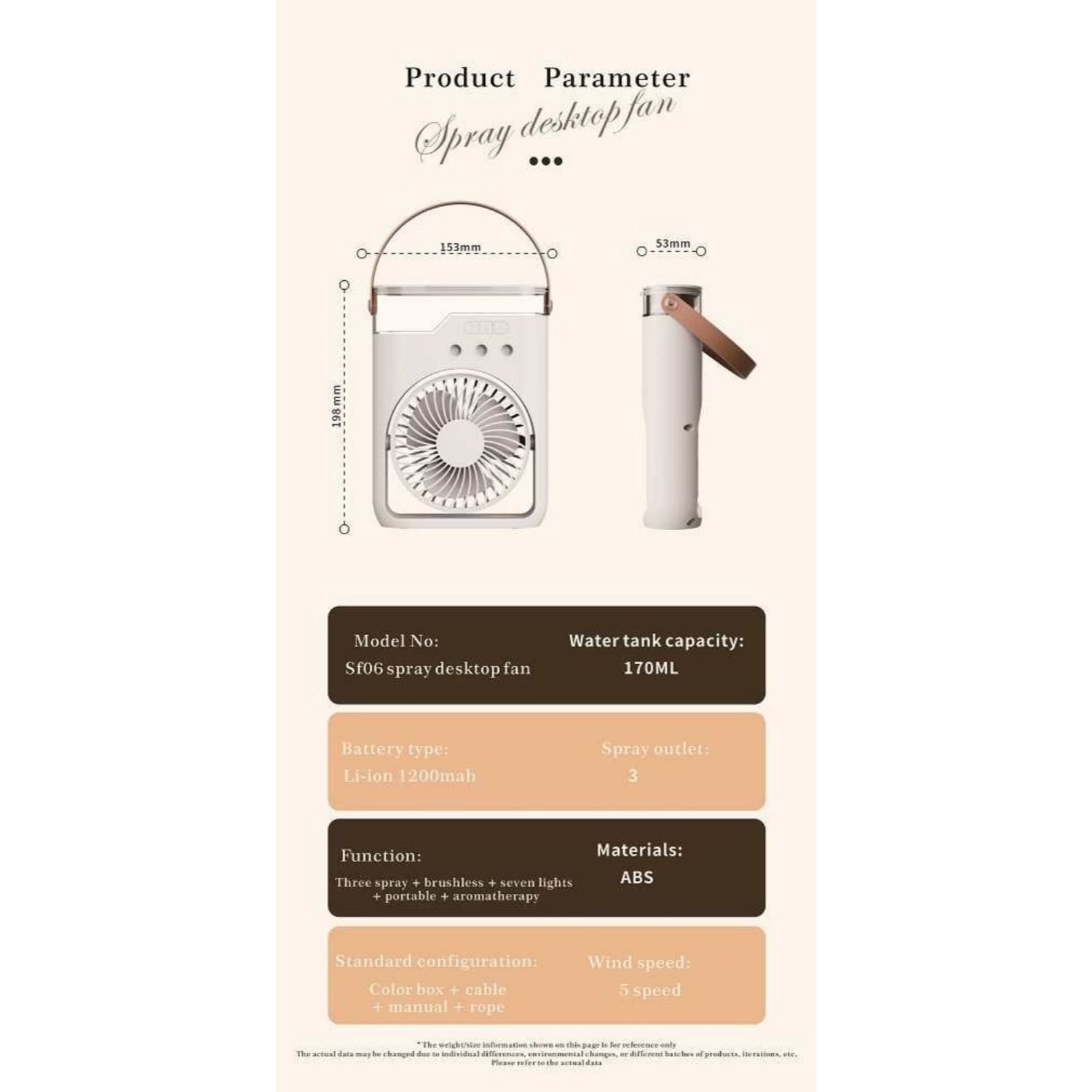 Ein weißer Sprüh-Tischventilator mit Griff und Ladeanzeige.