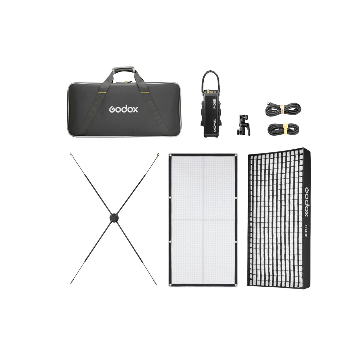 Godox Tasche, Licht, Gitter, Stativteile und Kabel auf weißem Grund.