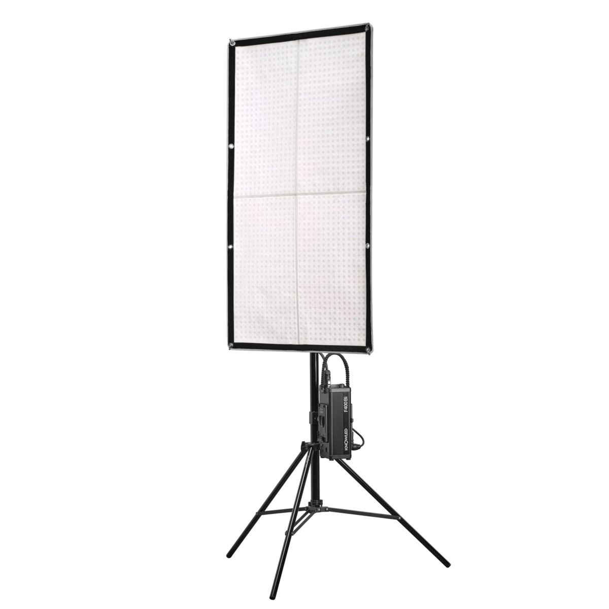 Ein vertikales LED-Panel mit Diffusor, montiert auf einem Stativ mit Steuereinheit.