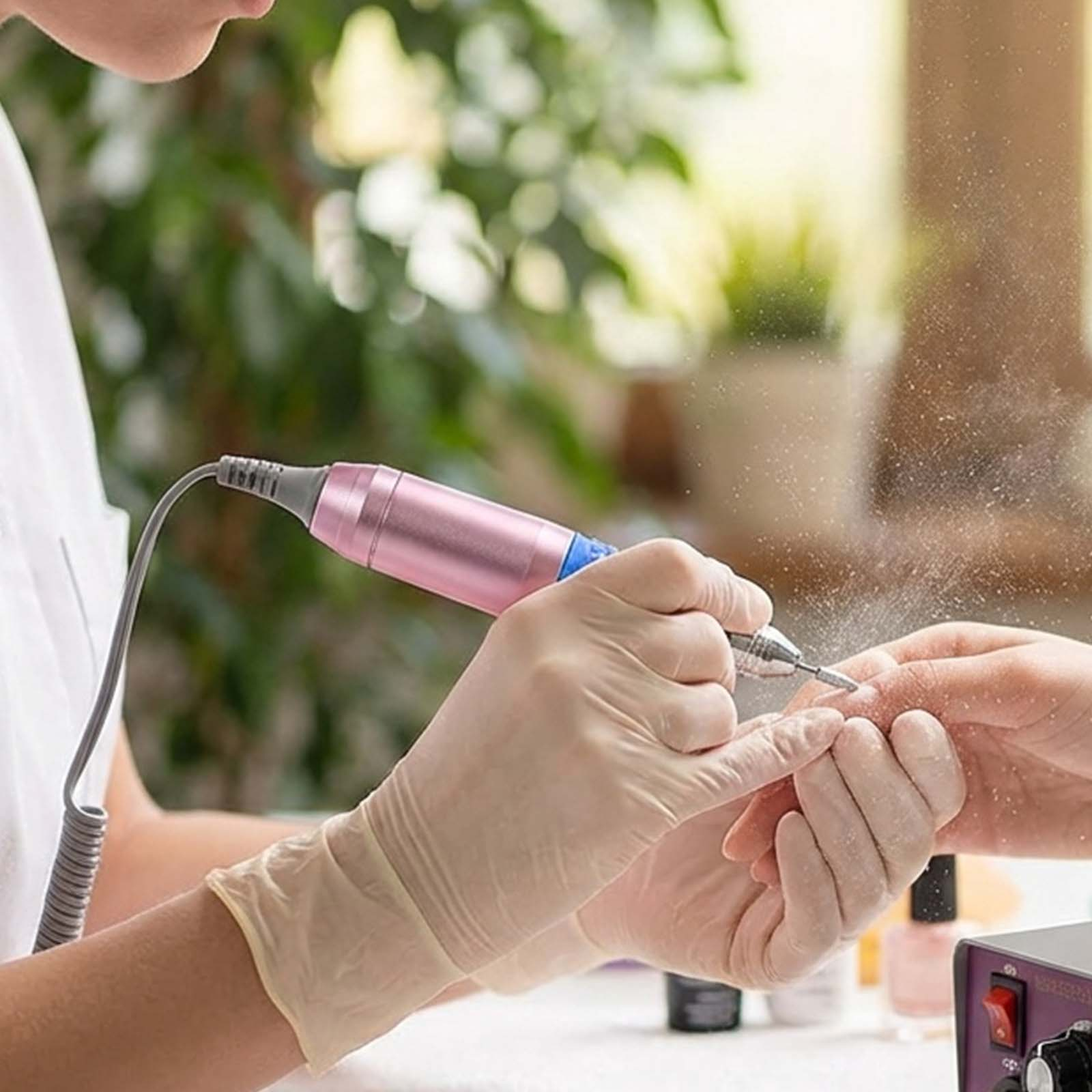 Eine Nahaufnahme zeigt eine Person in Handschuhen, die eine rosa elektrische Nagelfeile an der Hand einer anderen Person benutzt und dabei Staub erzeugt.