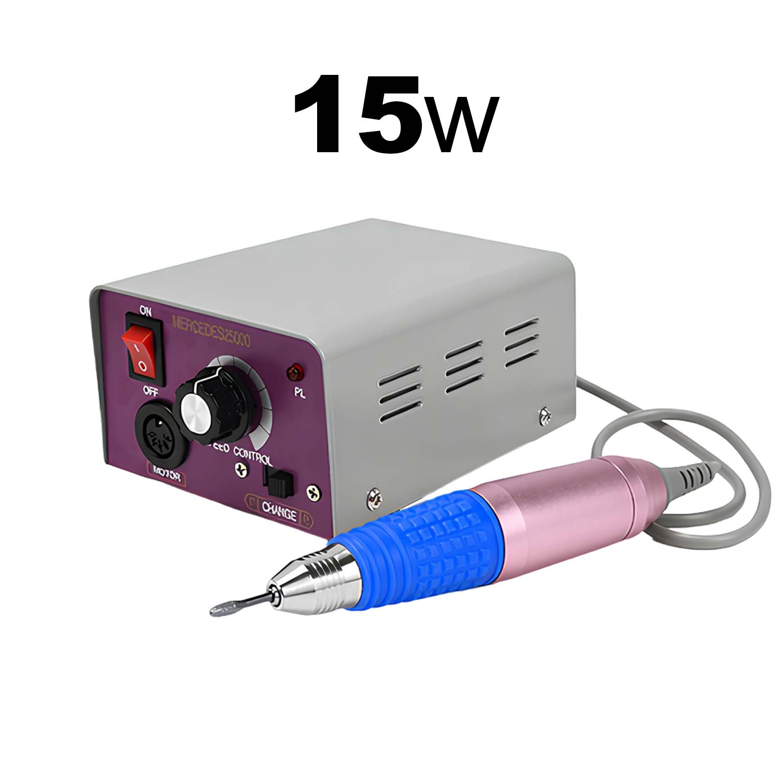 Eine grau-lila Nagelfräsmaschine mit einem pink-blauen Handstück und einer Leistung von 15W.
