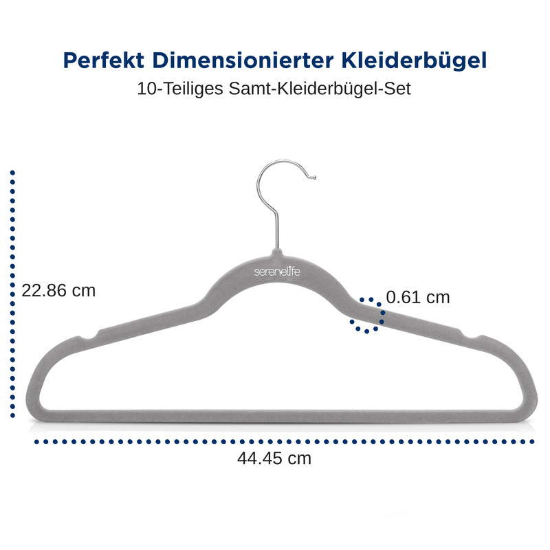 Ein grauer Samtkleiderbügel mit Metallhaken, beschriftet mit „serenelife“, mit Maßen: 22,86 cm, 0,61 cm und 44,45 cm.