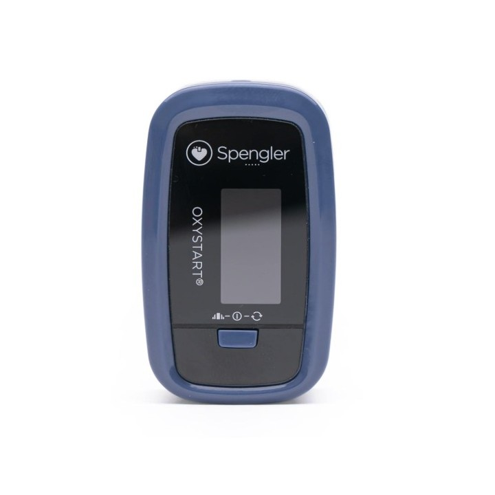 Un saturimetro Spengler blu con schermo e pulsante.