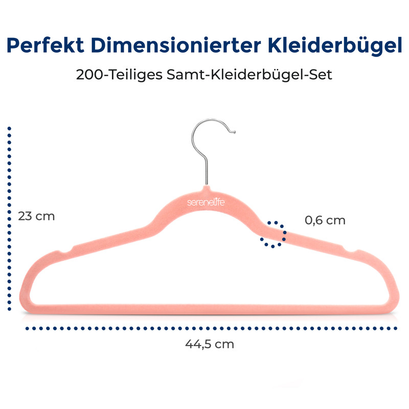Ein rosafarbener Samtkleiderbügel mit Maßen 44,5 cm x 23 cm und 0,6 cm Dicke.