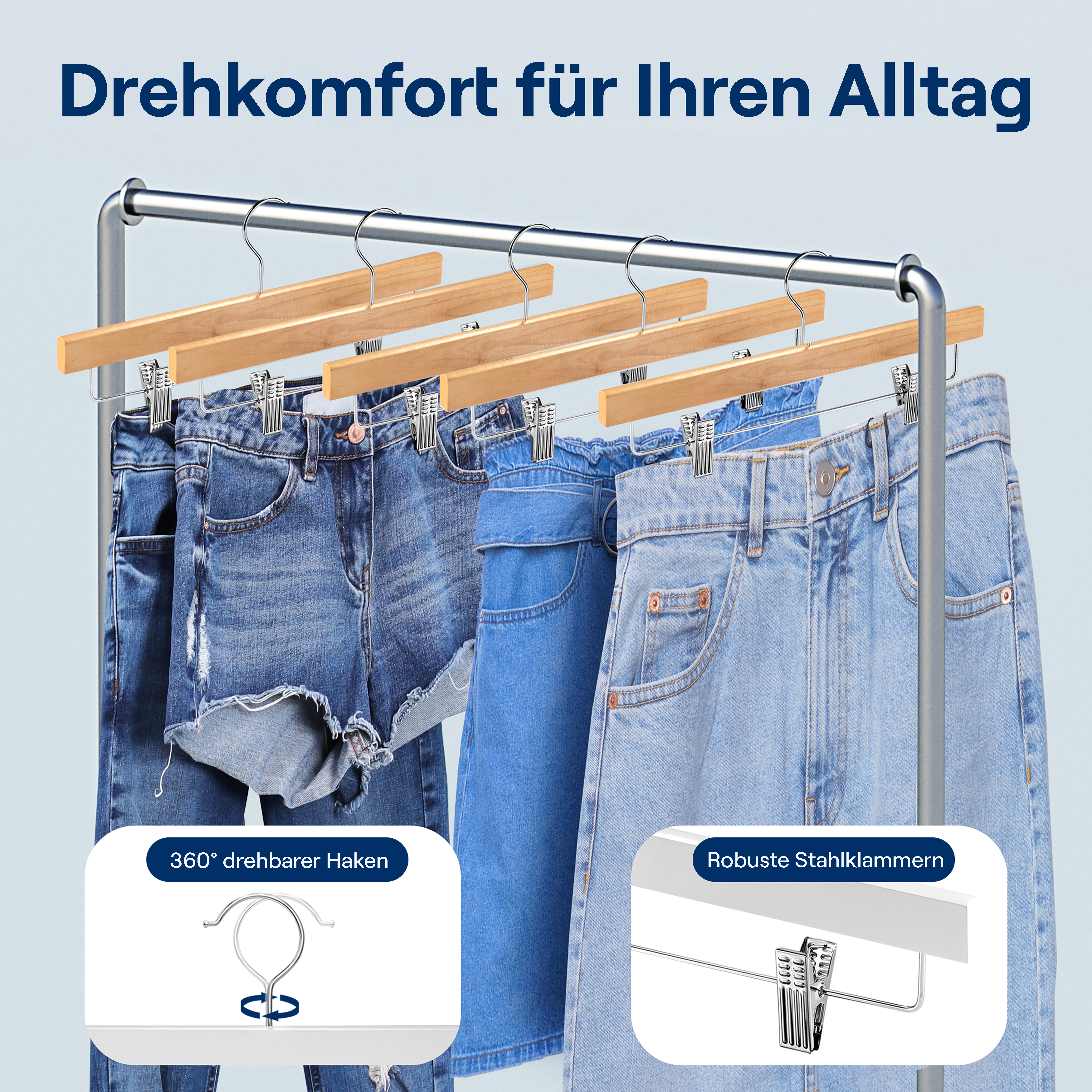 Jeans auf Kleiderbügeln mit 360° drehbarem Haken und robusten Klammern.