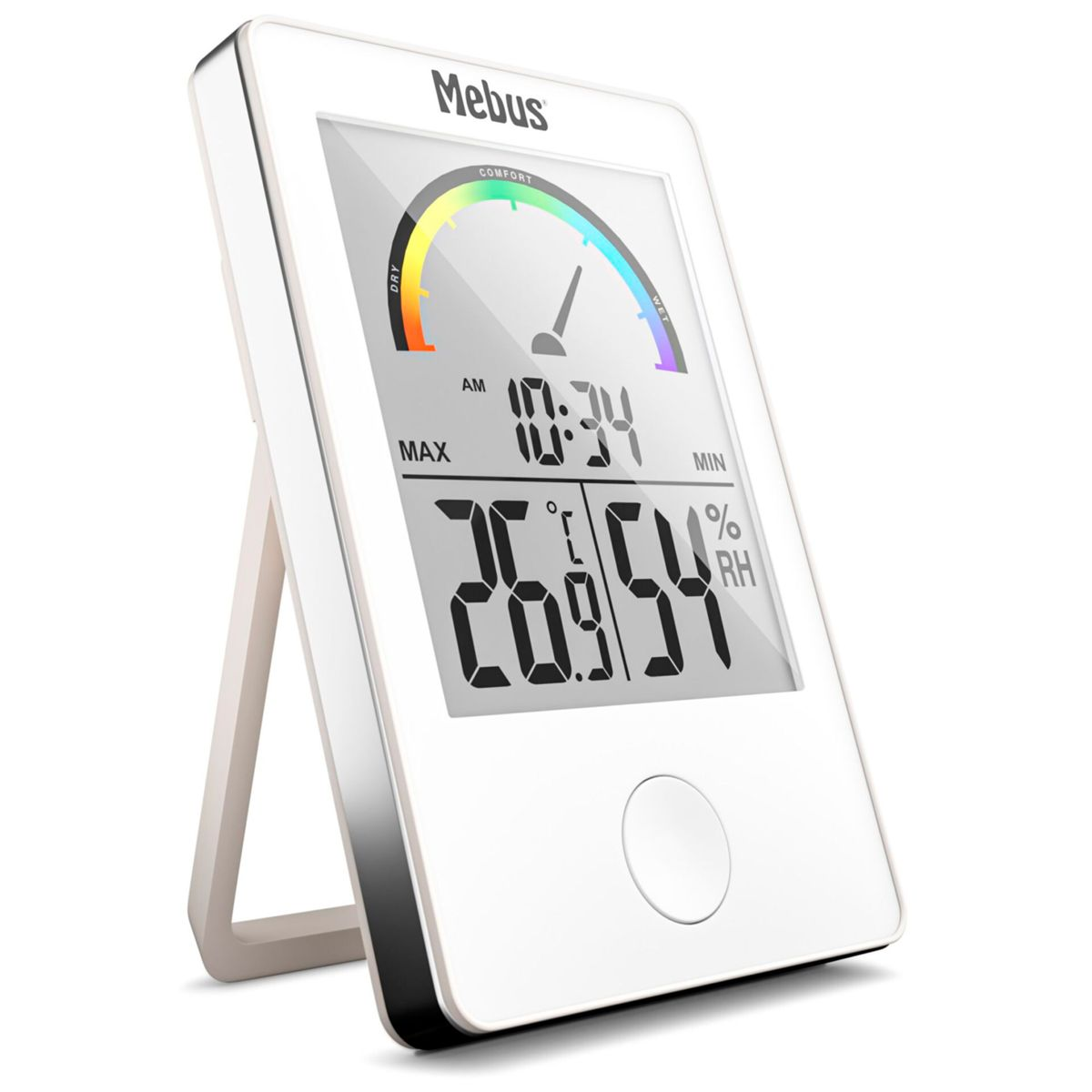 Weißes Mebus-Digitalthermometer mit Ständer, zeigt 20.9°C und 54% Luftfeuchtigkeit.