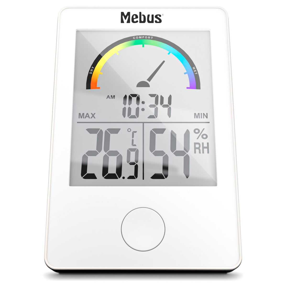 Ein weißes Mebus-Digitalthermometer zeigt 26,9°C und 54% Luftfeuchtigkeit an.