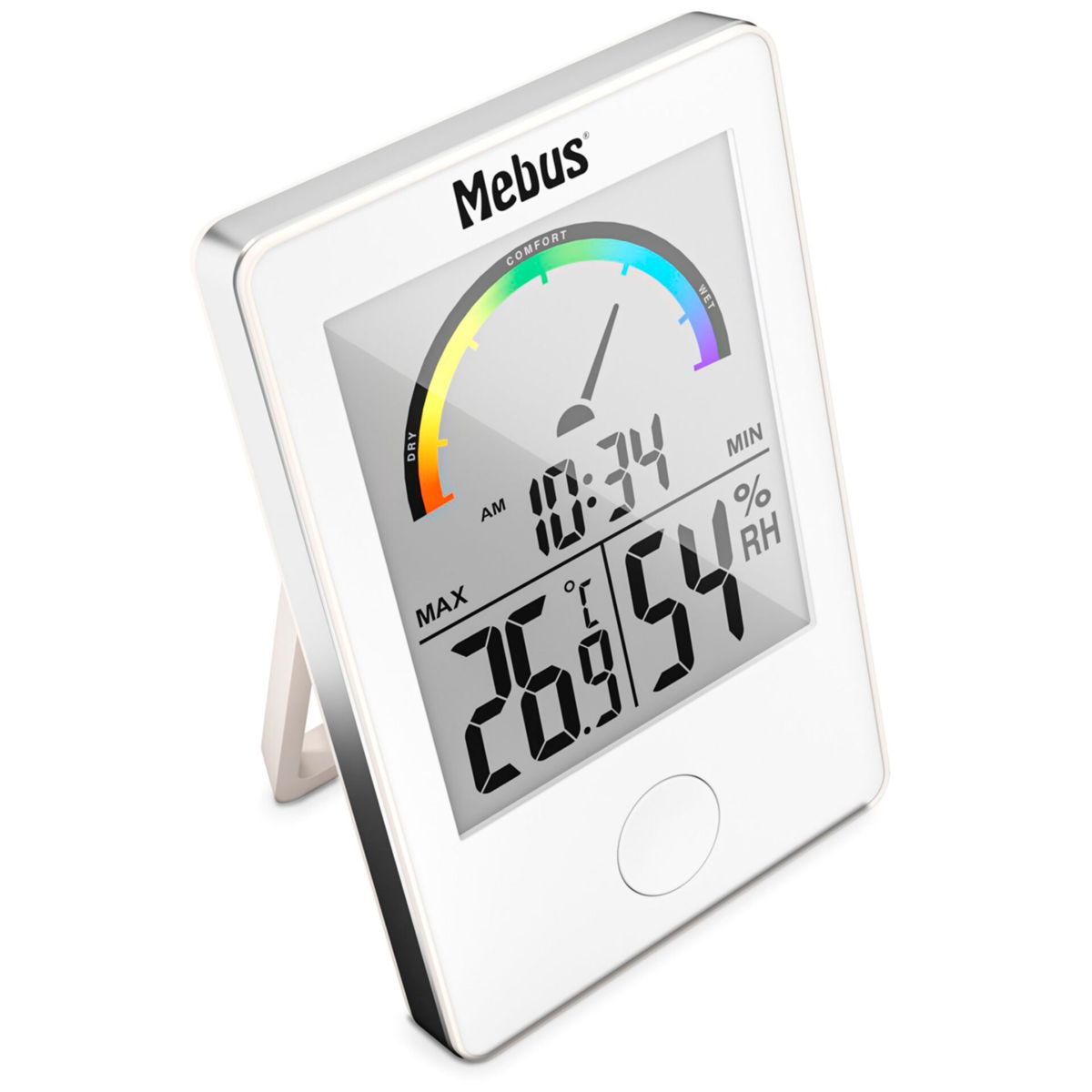 Mebus Digitalthermometer zeigt 26,9°C und 54% RH. Uhrzeit 10:34 Uhr.