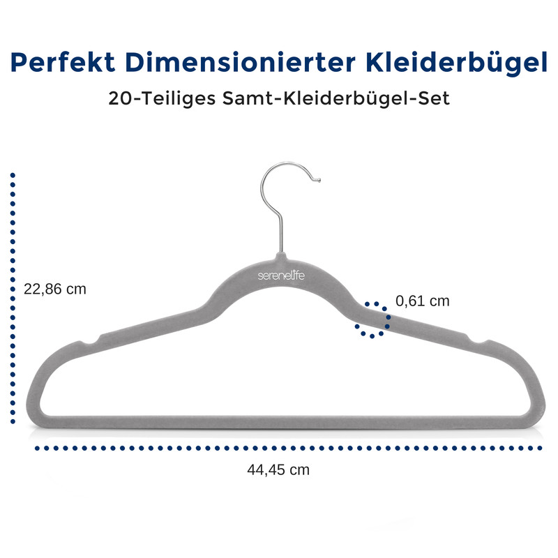 Ein grauer Samtkleiderbügel mit Metallhaken und Maßen.