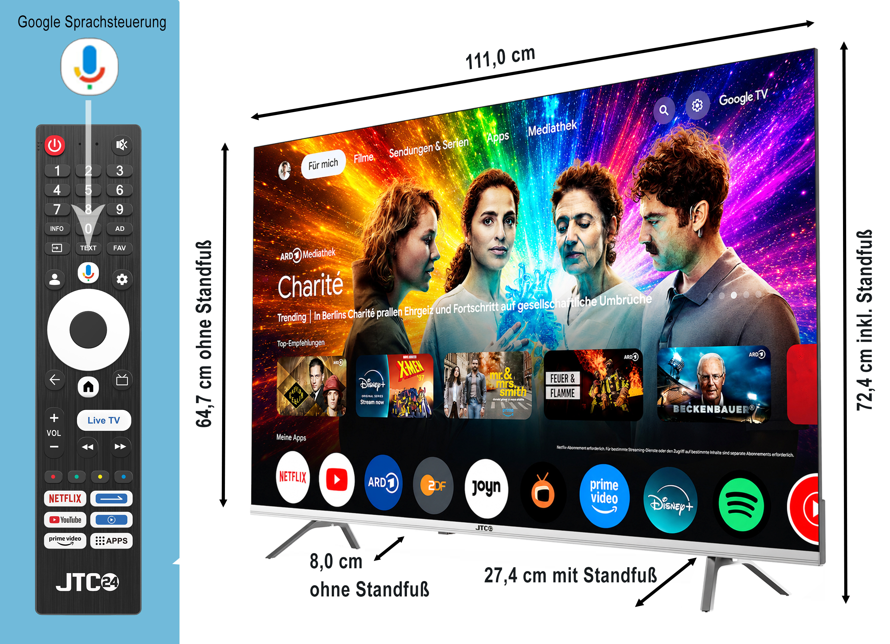 Ein moderner Fernseher mit Fernbedienung, Maßen und App-Symbolen.