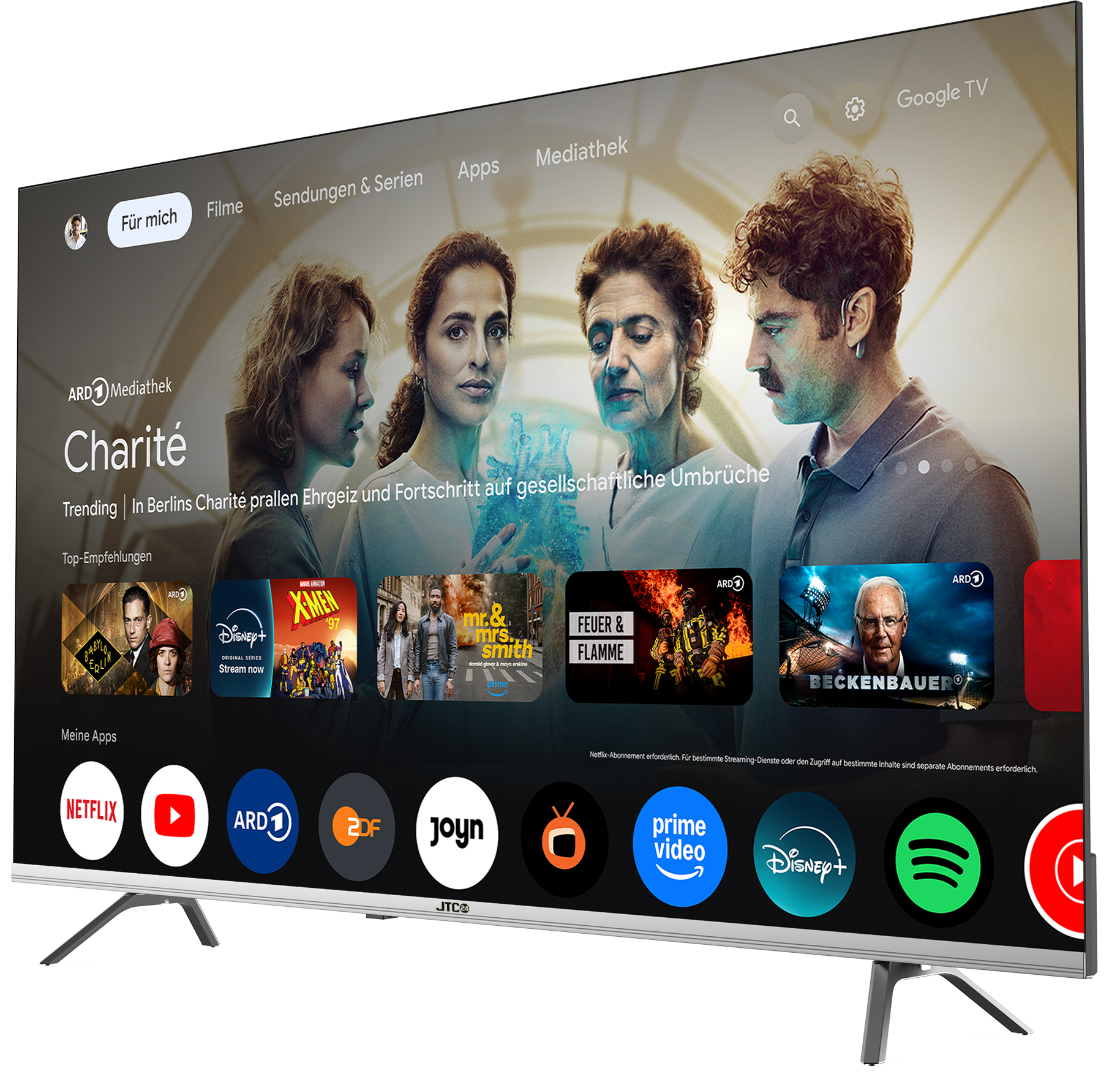 Ein moderner Fernseher zeigt eine Mediathek-Oberfläche mit Filmpostern und App-Symbolen.