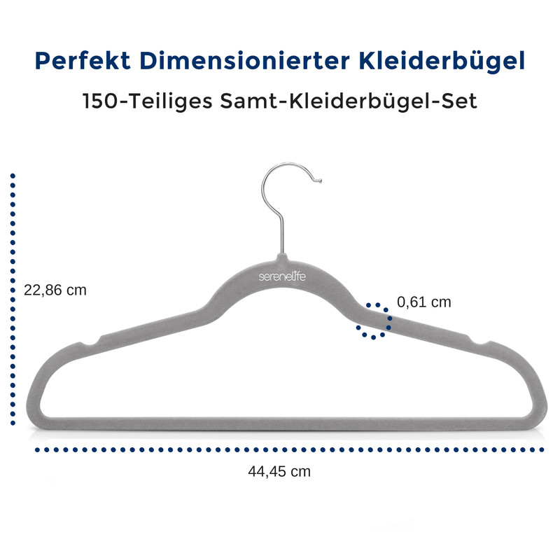 Ein grauer Samtkleiderbügel mit Maßen 44,45 cm Breite und 22,86 cm Höhe.