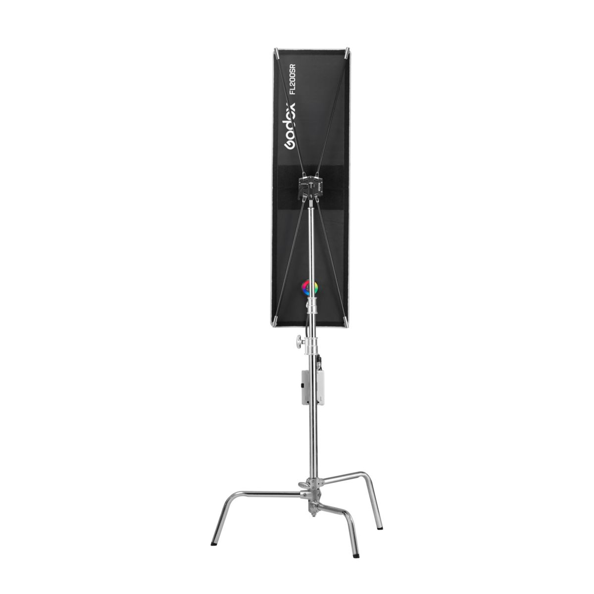 Eine schwarze rechteckige Softbox mit der Aufschrift Godox FL200SR steht auf einem silbernen C-Ständer vor weißem Hintergrund.