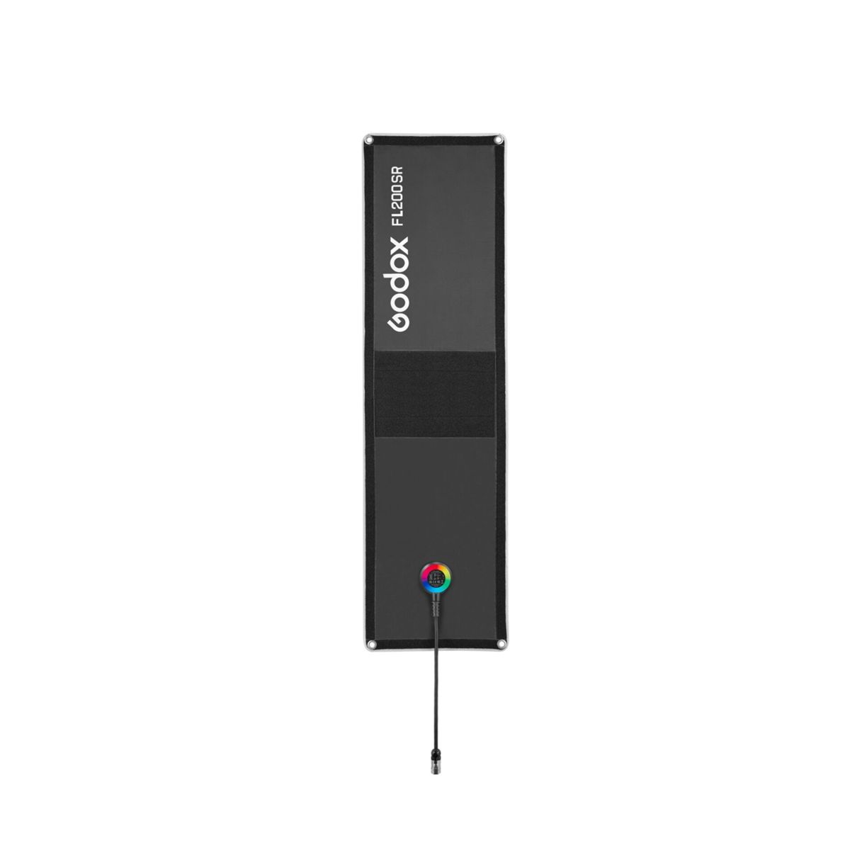 Ein schwarzes Godox FL200SR flexibles Lichtpanel mit einem farbigen runden Bedienknopf und Kabel auf weißem Hintergrund.