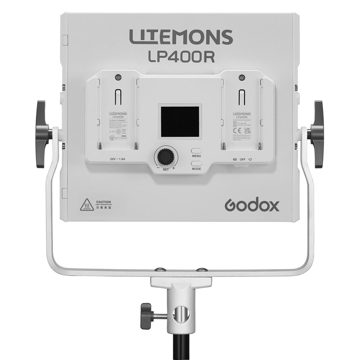 Weißes Godox LP400R Licht mit zwei Batteriehalterungen, Bildschirm und Bedienelementen.