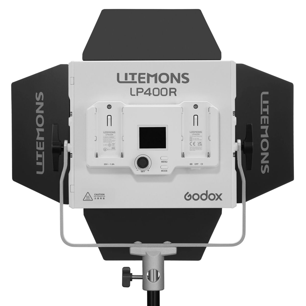 Ein weißes Godox Litemons LP400R Licht mit schwarzen Scheunentoren und einem Bildschirm.