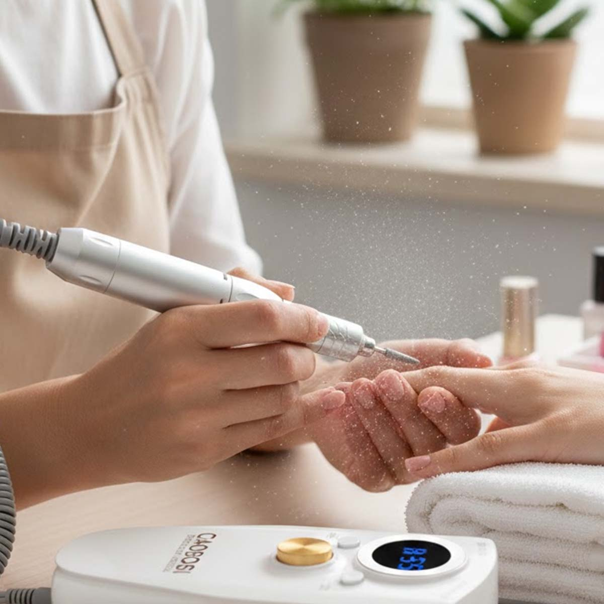 Eine Nageldesignerin feilt mit einem elektrischen Nagelfräser an Kundennägeln.