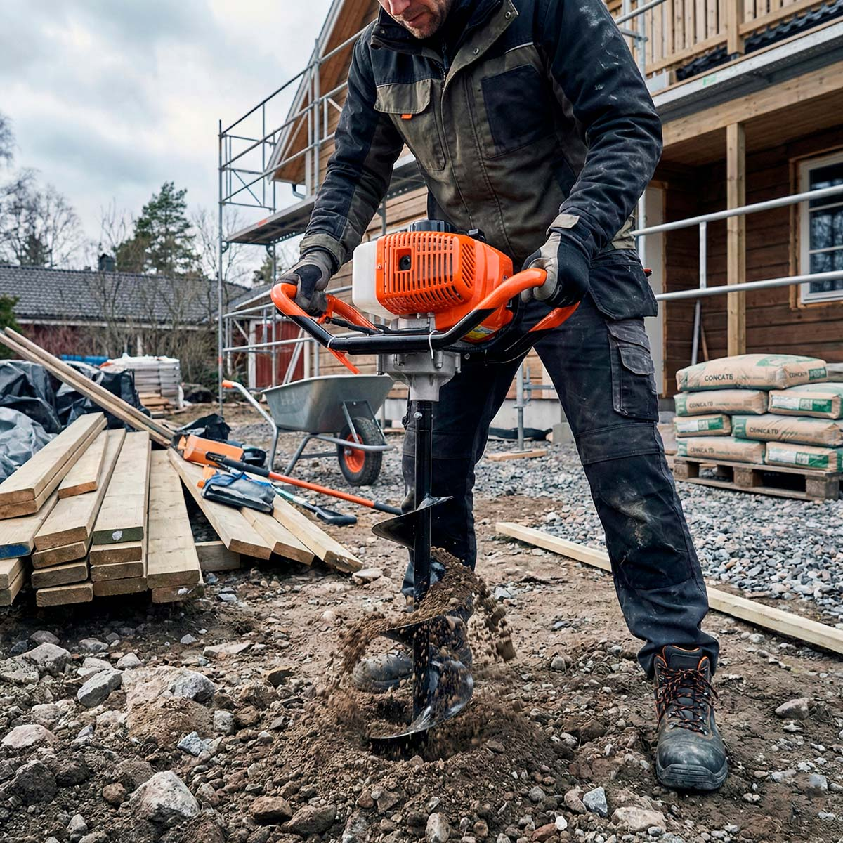 Eine Person in Arbeitskleidung bedient einen orange-schwarzen Erdbohrer und gräbt auf einer Baustelle in steinigen Boden.