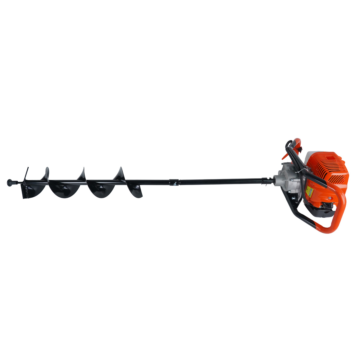 Ein orangefarbener Motor mit einem Bohrer, der auf einem weißen Hintergrund isoliert ist.