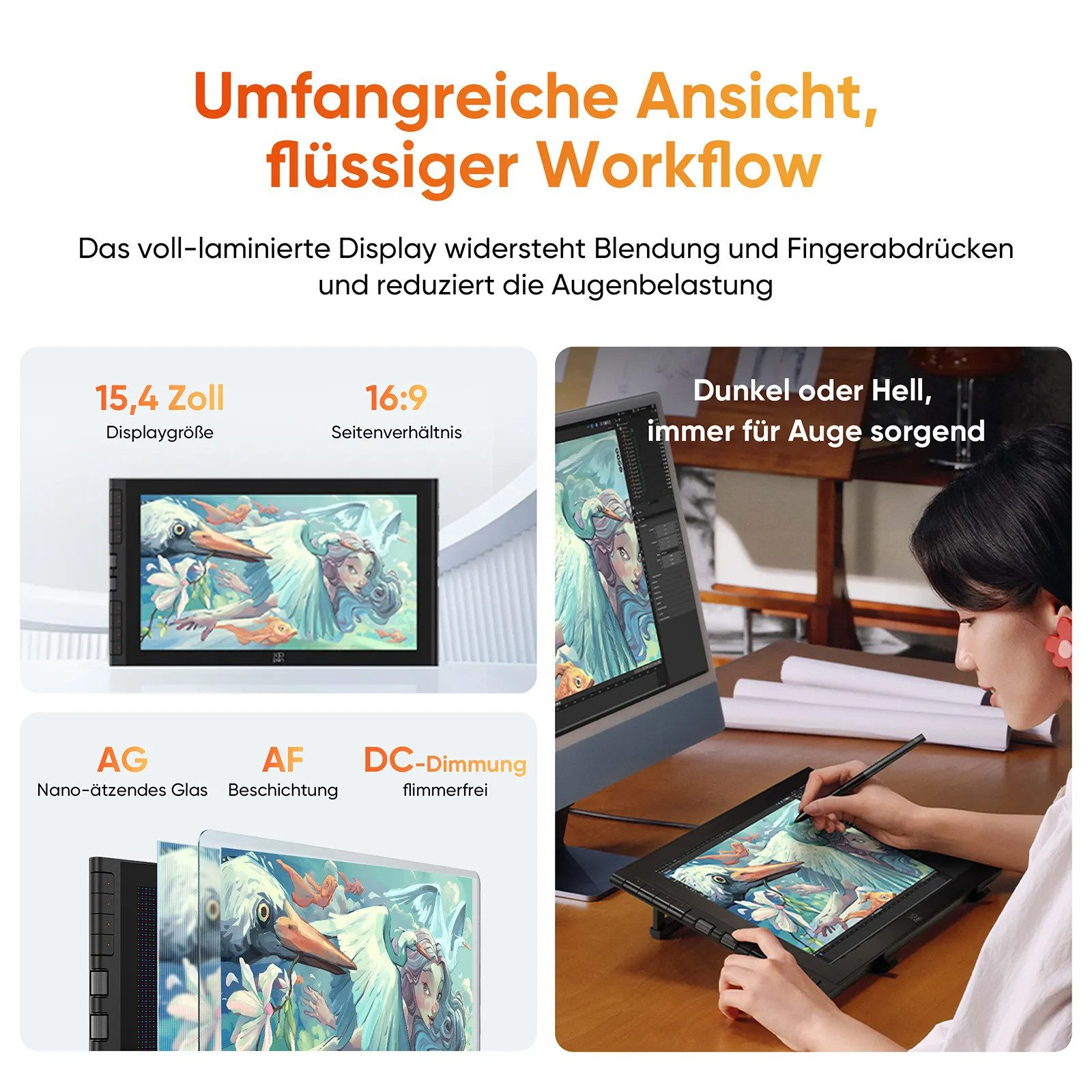 Ein Grafiktablett mit 15,4 Zoll, 16:9 Format, das Blendung und Fingerabdrücke reduziert.
