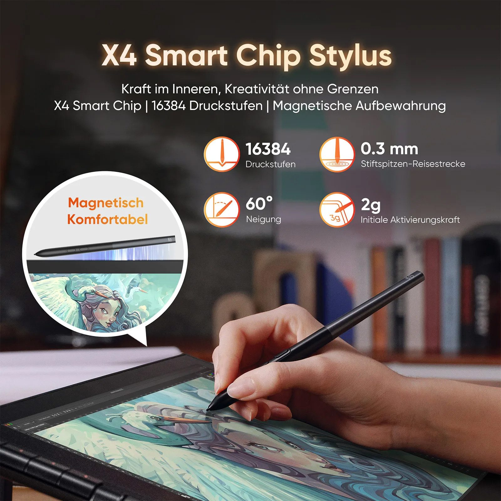 Eine Hand hält einen X4 Smart Chip Stylus und zeichnet auf einem Tablet mit einer farbenfrohen Illustration und Produktmerkmalen.