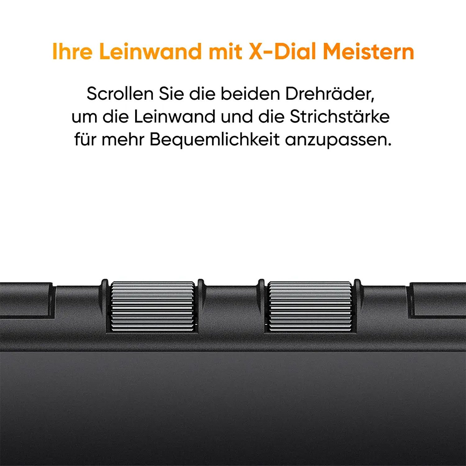 Zwei gerändelte Räder auf einem schwarzen Gerät, um die Leinwand anzupassen.
