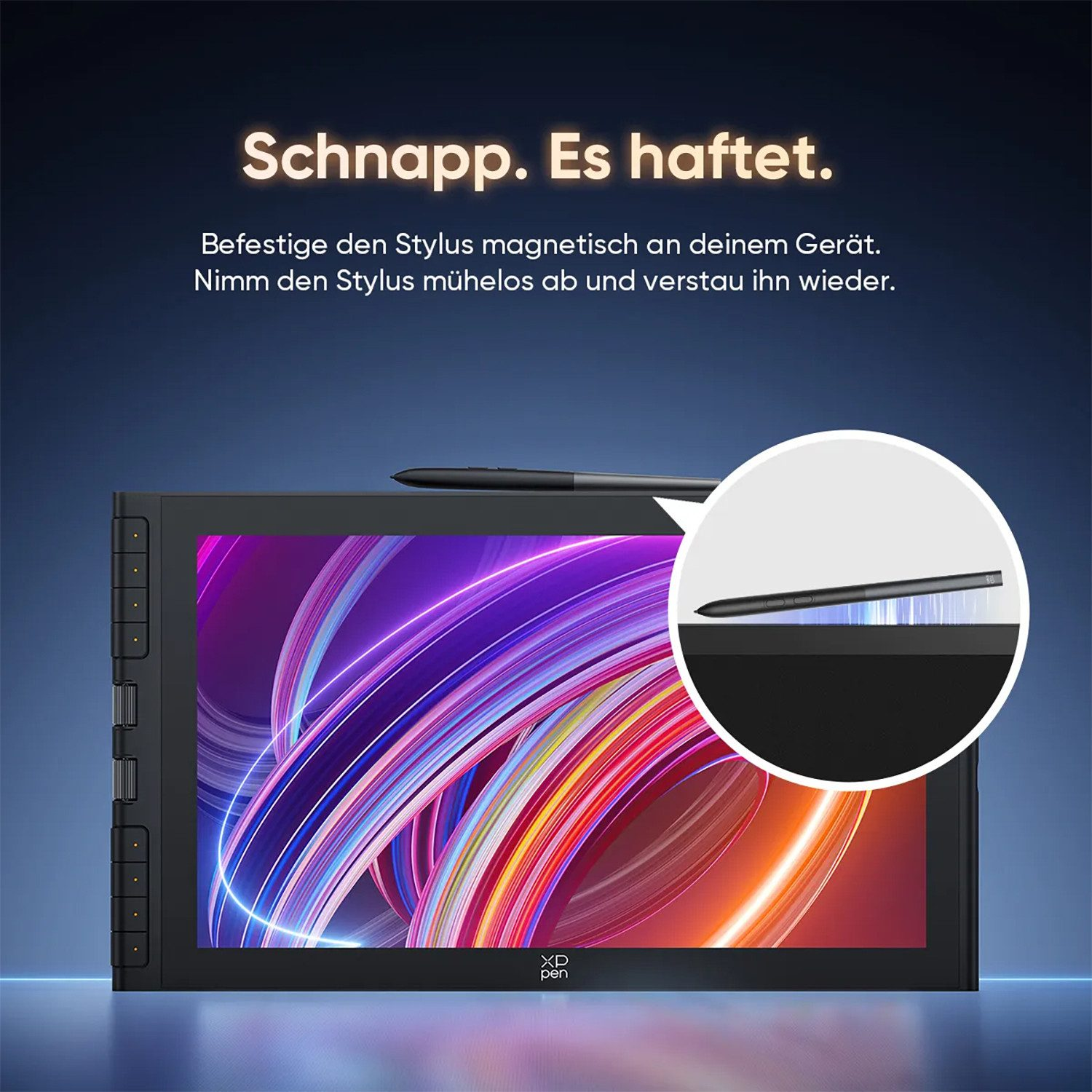 Ein schwarzer Stift ruht auf einem Tablet mit farbenfrohem Bildschirm.