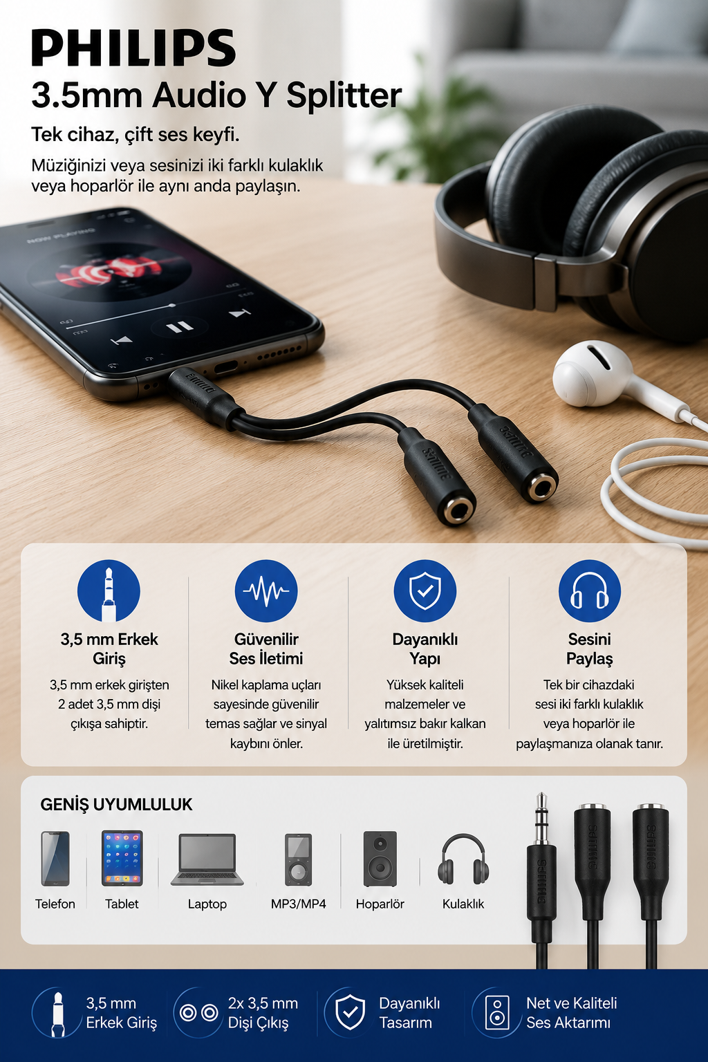 Philips 3,5 mm Ses Y-Ayırıcı, kulaklıklı akıllı telefona bağlı.