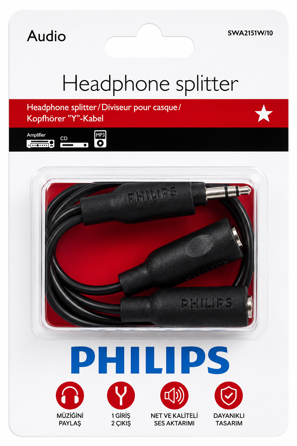 Ambalajında siyah bir Philips kulaklık ayırıcı.