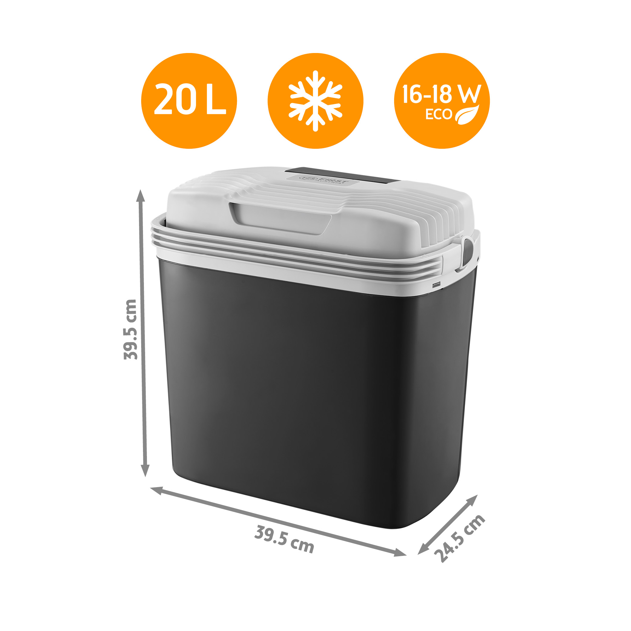 Schwarze Kühlbox (20L, 16-18W ECO) mit weißen Akzenten, Maße 39.5x39.5x24.5cm.