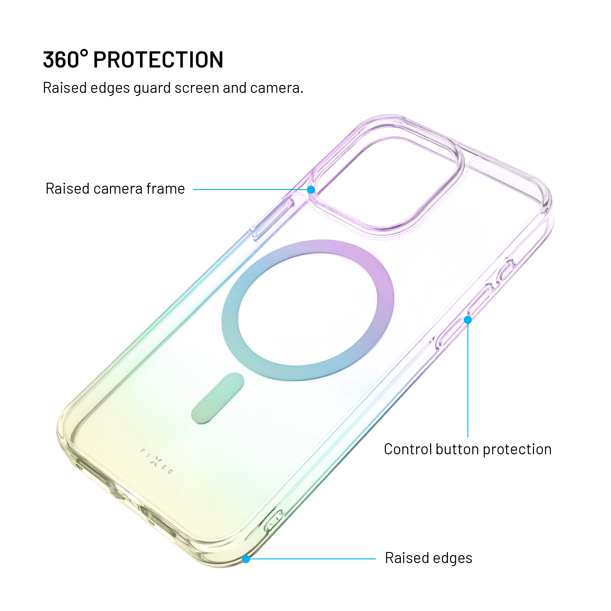 Transparente Hülle mit Farbverlauf, magnetischem Ring und erhöhten Kanten.