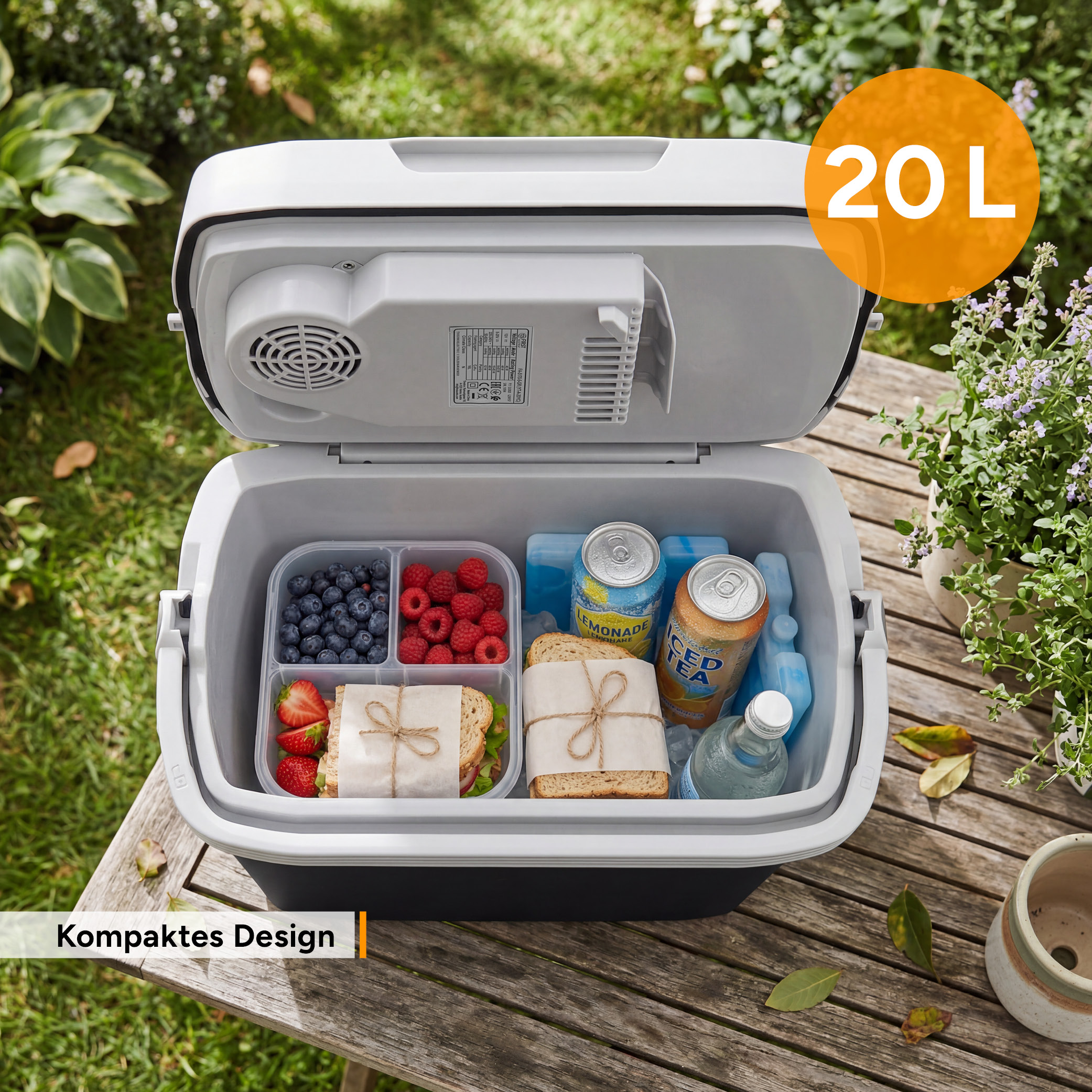 Offener 20L Kühler mit Beeren, Sandwiches, Getränken und Kühlakkus auf Holztisch.