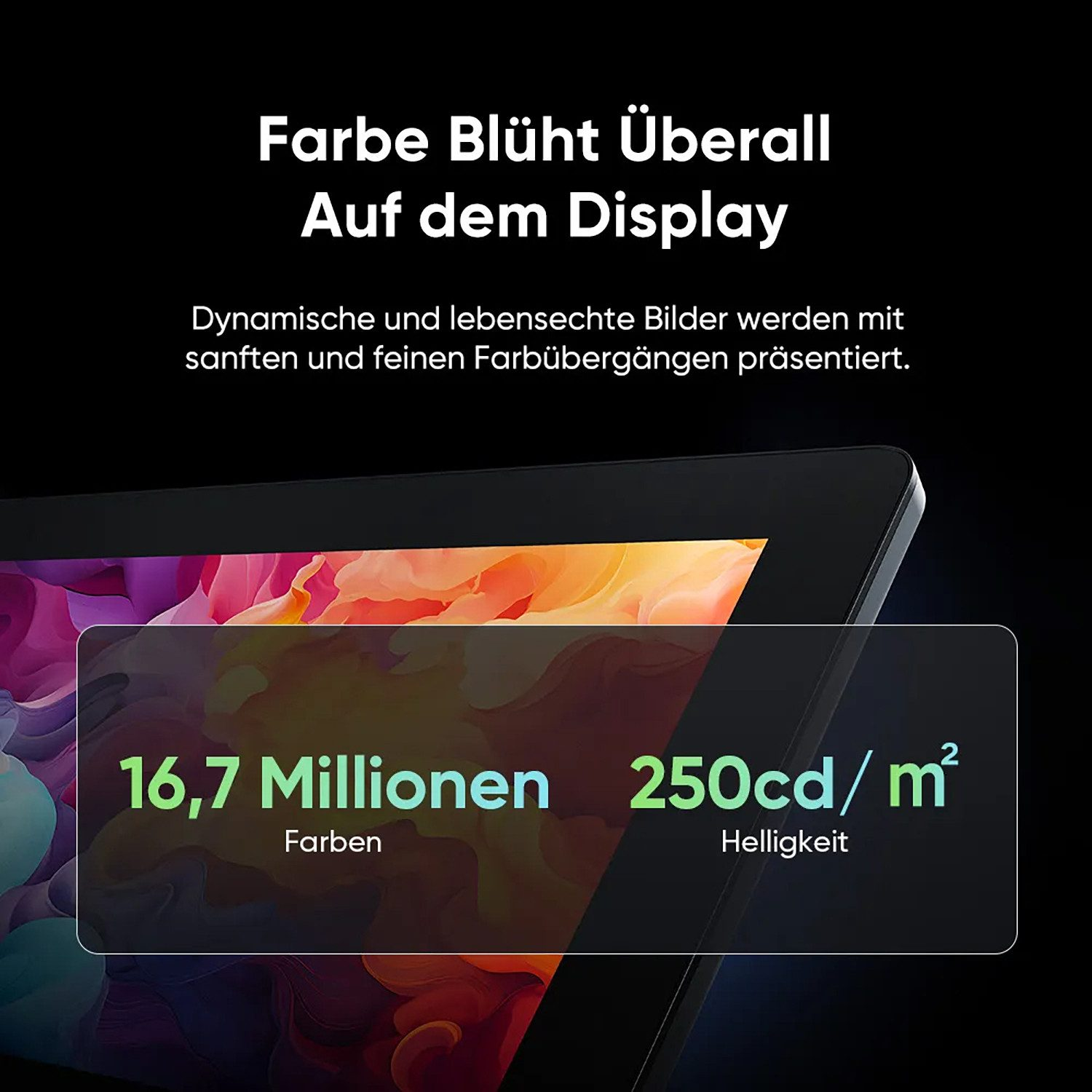 Ein Bildschirm zeigt lebendige Farben und Text über Farben und Helligkeit.