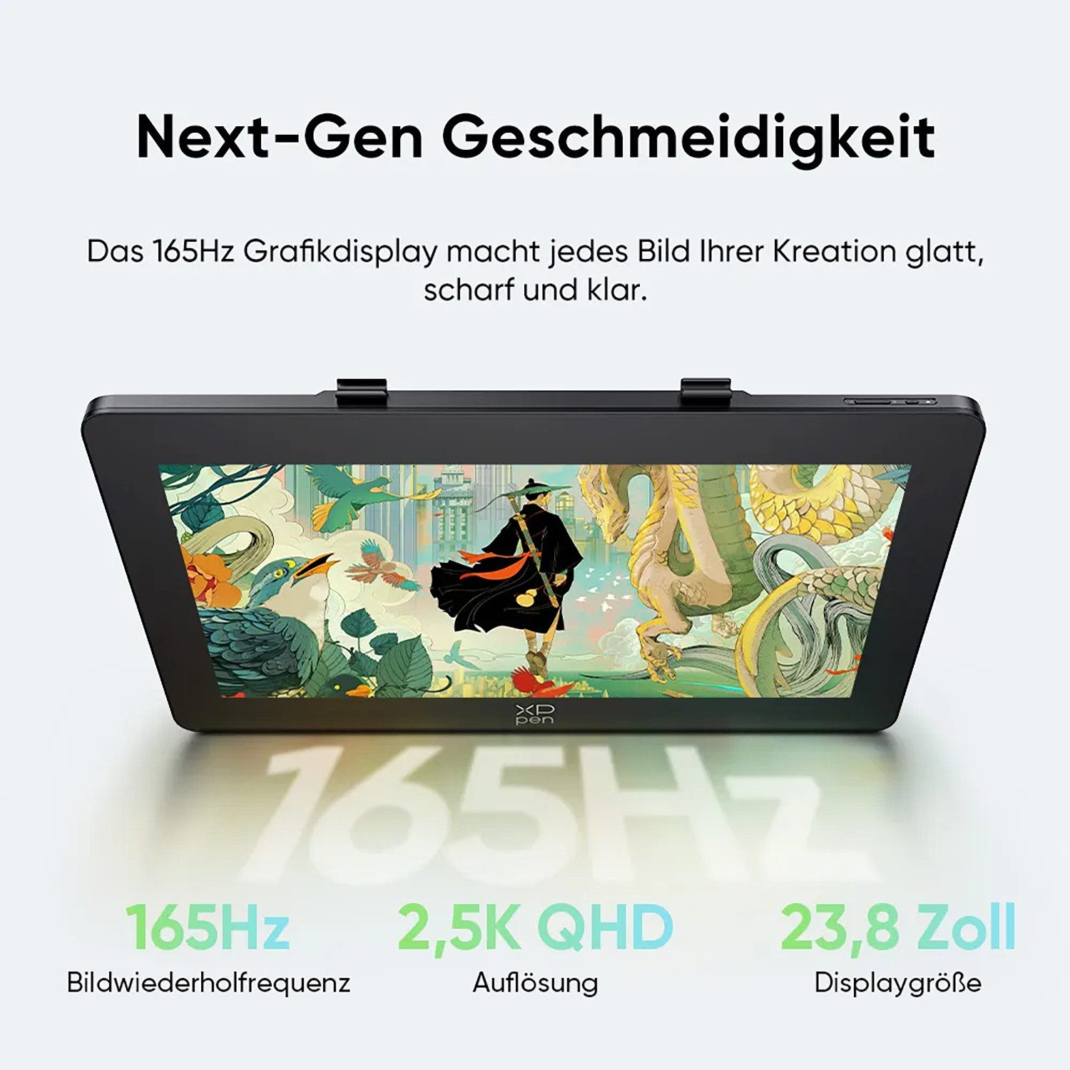 Ein schwarzes Grafikdisplay zeigt ein lebendiges Kunstwerk einer Person und eines Drachen. Text hebt 165Hz, 2,5K QHD, 23,8 Zoll hervor.