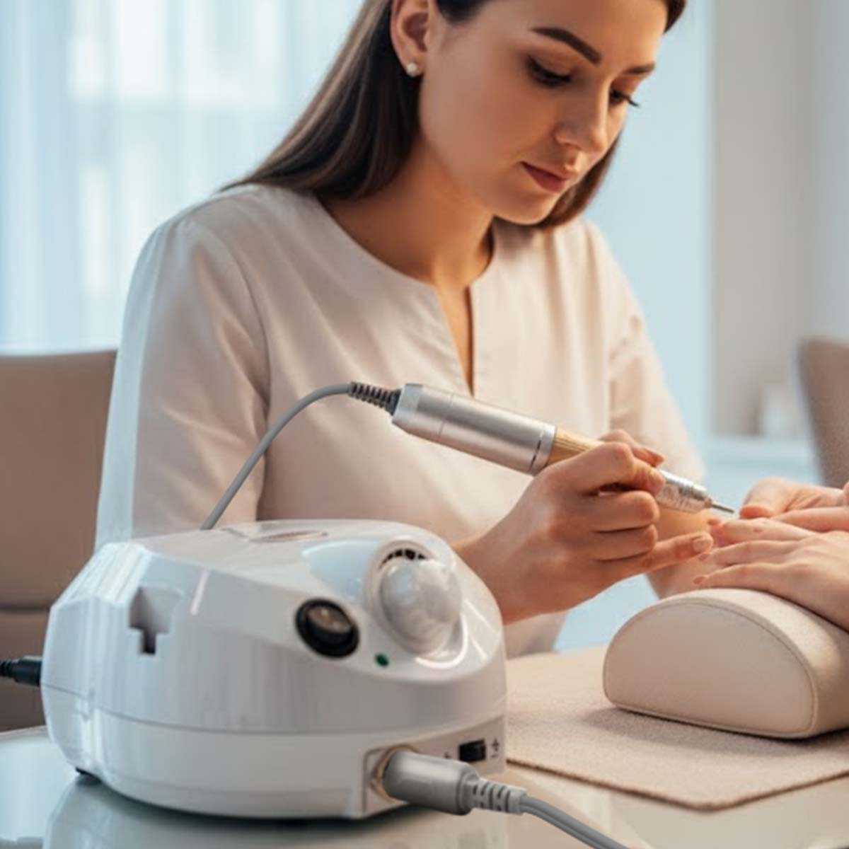 Eine Nageltechnikerin benutzt eine elektrische Feile, um an den Fingernägeln einer Kundin zu arbeiten.