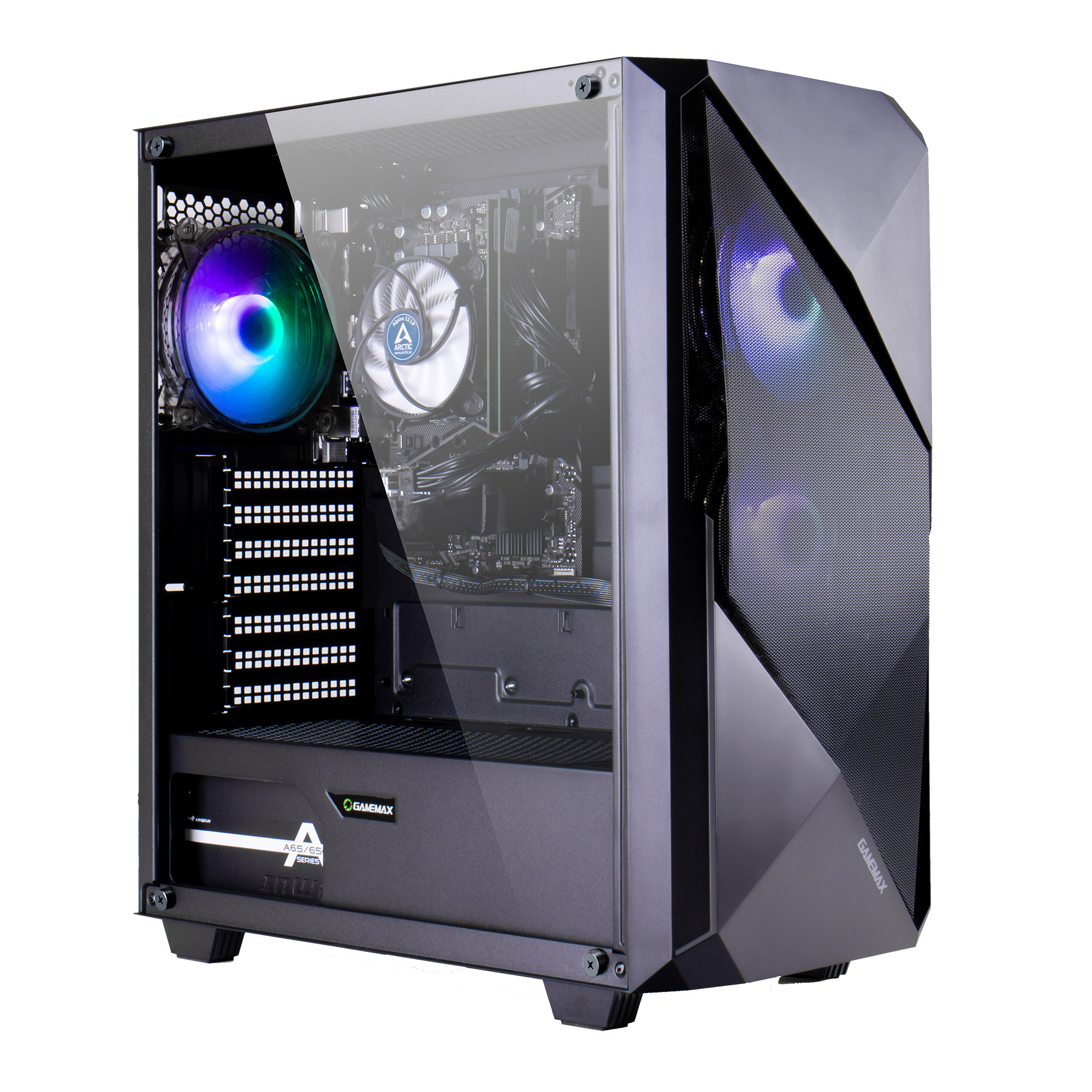 Ein schwarzes Computergehäuse mit durchsichtigem Seitenteil und RGB-Lüftern.