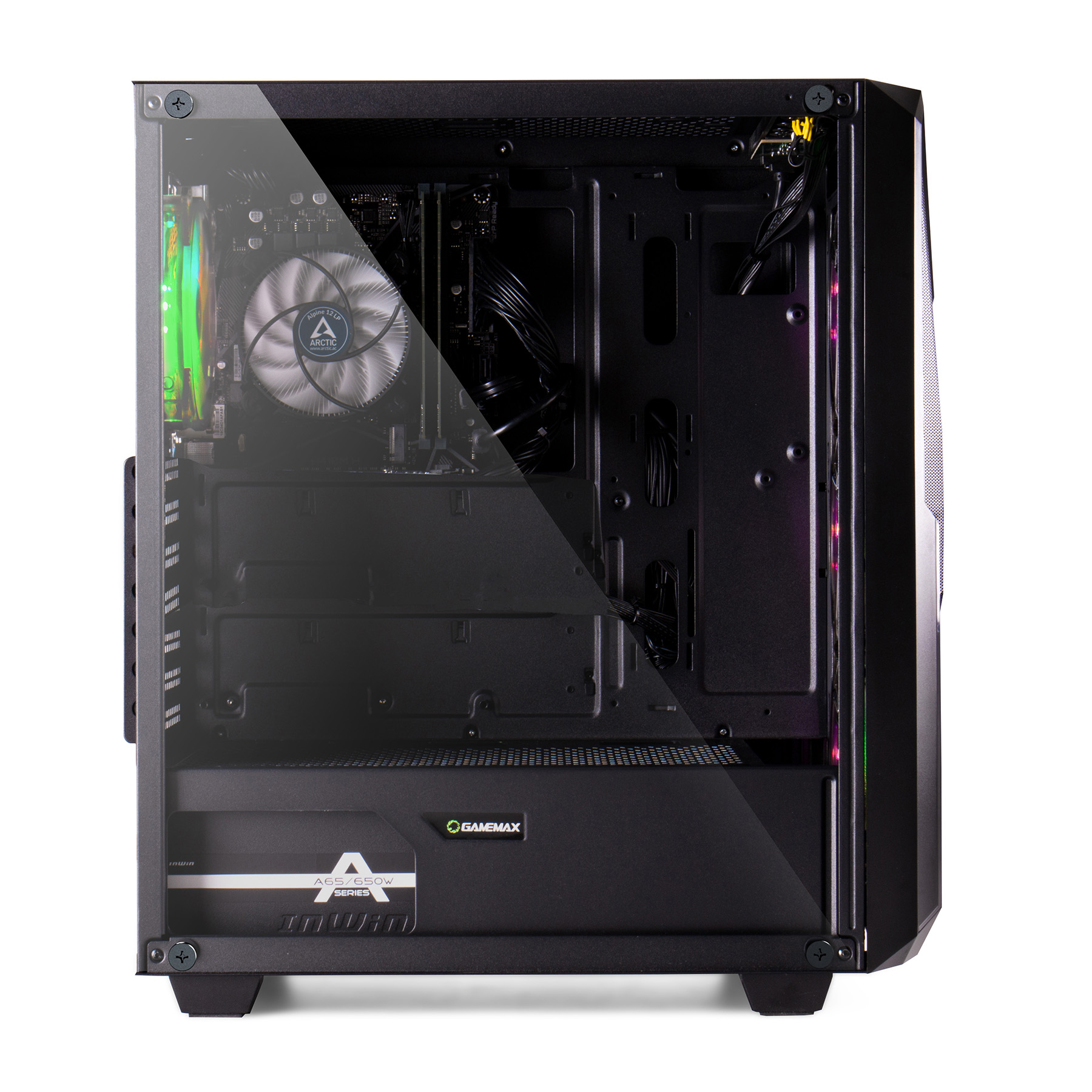 Schwarzes Computergehäuse mit klarer Seitenwand, das interne Komponenten und RGB-Beleuchtung zeigt.