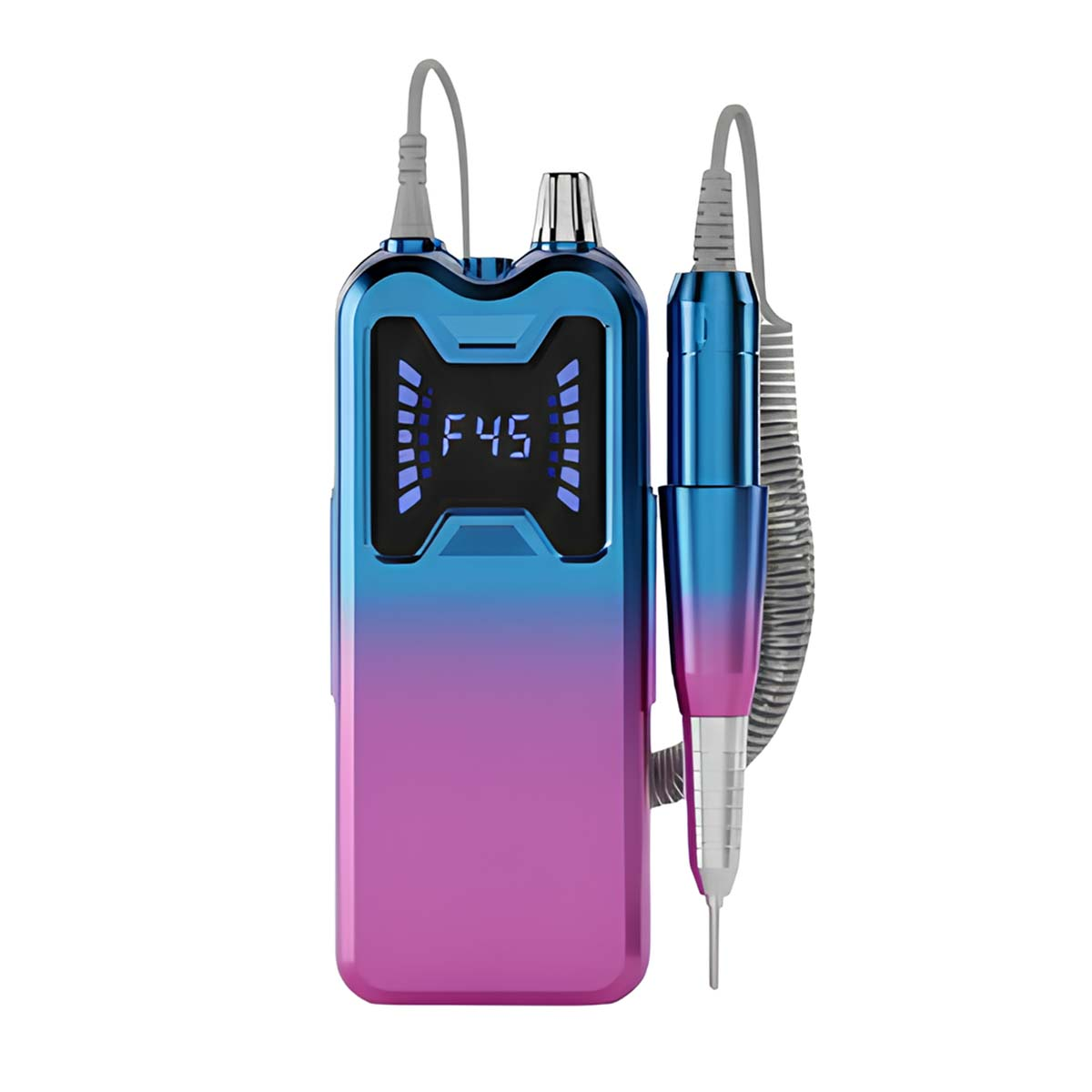 Ein blau-pinker Nagelbohrer mit einem Display, das 
