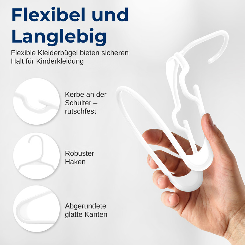 Eine Hand hält weiße, flexible Kleiderbügel. Text hebt Merkmale hervor.