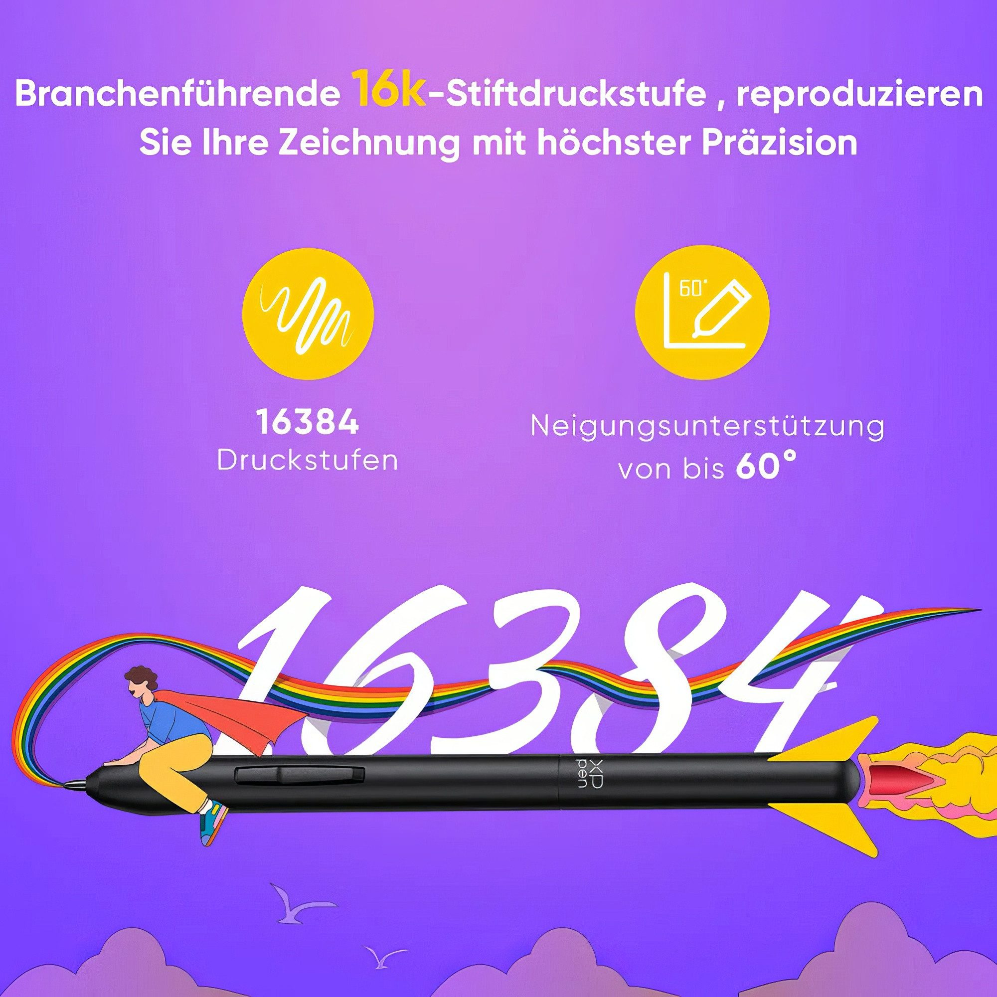 Ein Stift fliegt wie eine Rakete mit einem Regenbogen und der Zahl 16384.