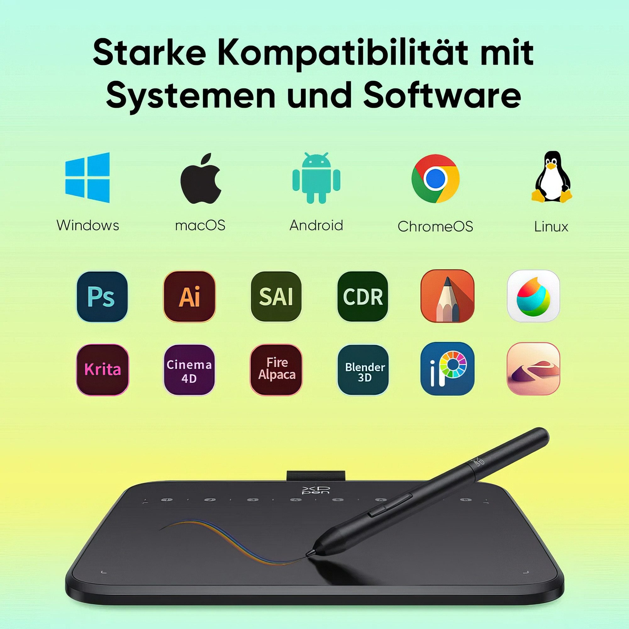 Grafiktablett mit Stift und Kompatibilitätslogos für Systeme und Software.