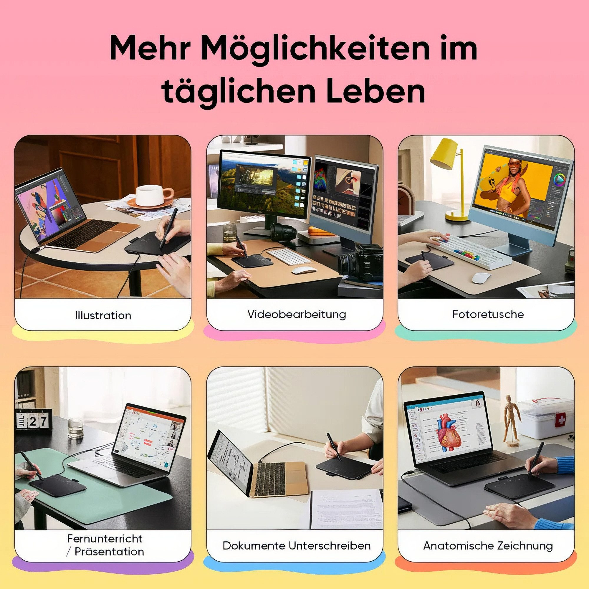 Collage von 6 Bildern: Digitale Kunst, Videobearbeitung, Bildbearbeitung, Online-Unterricht, Dokumentenunterschrift, Anatomie.