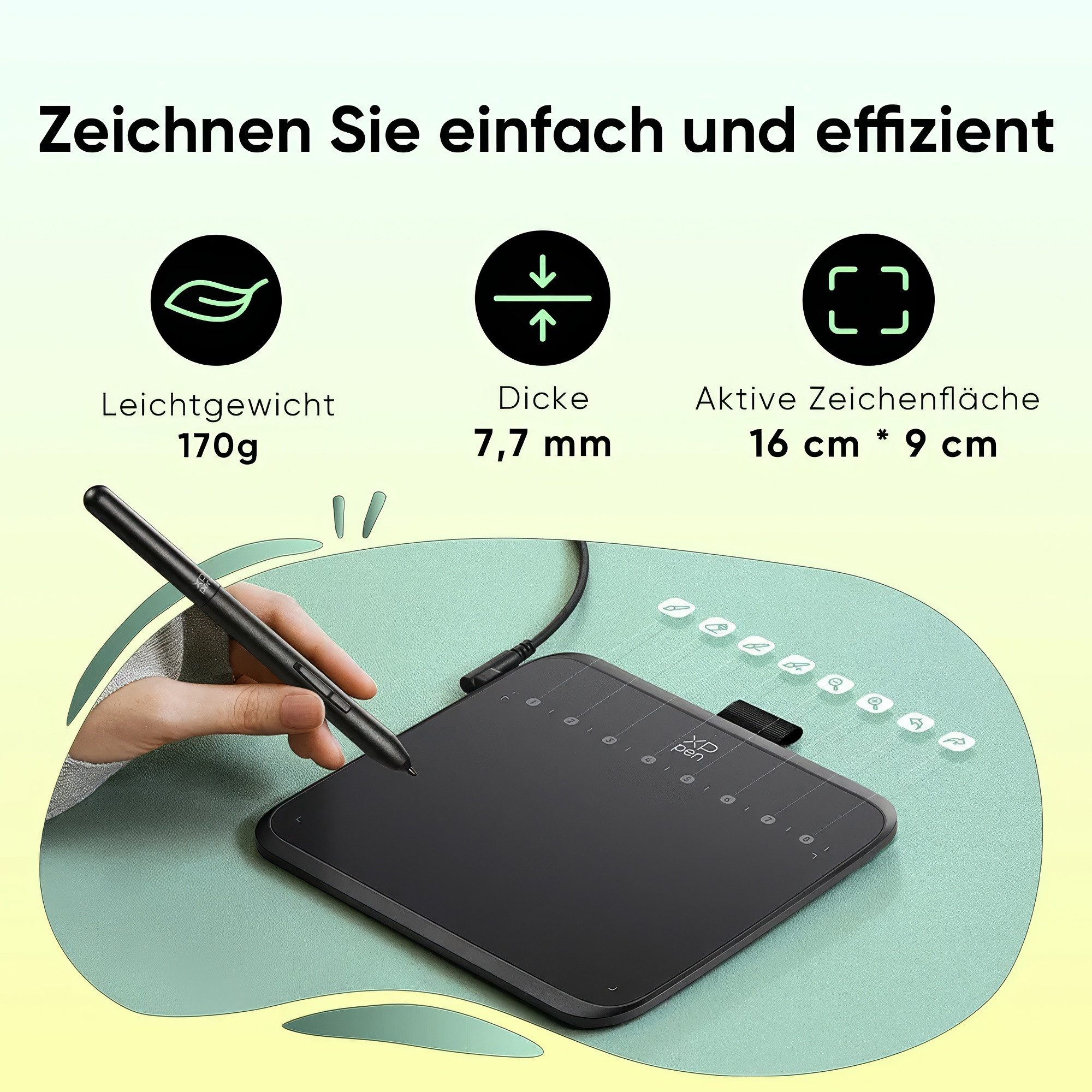 Grafiktablett mit Stift: 170g leicht, 7,7mm dick, 16x9cm Zeichenfläche.
