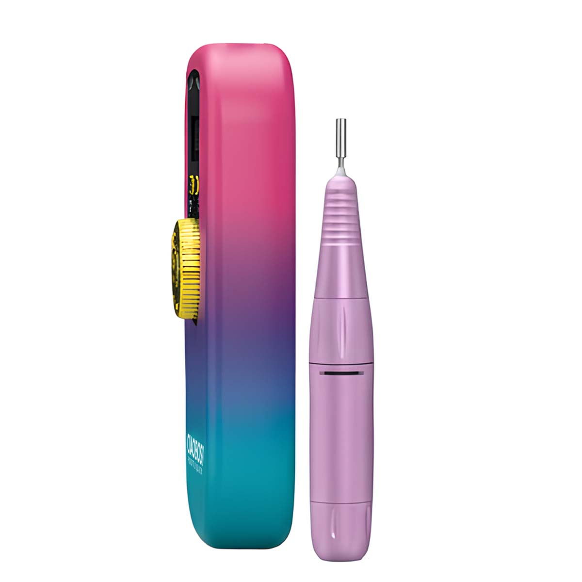 Ein pink-türkisfarbener Maniküre-Stift neben einem lila Nagelfräser.
