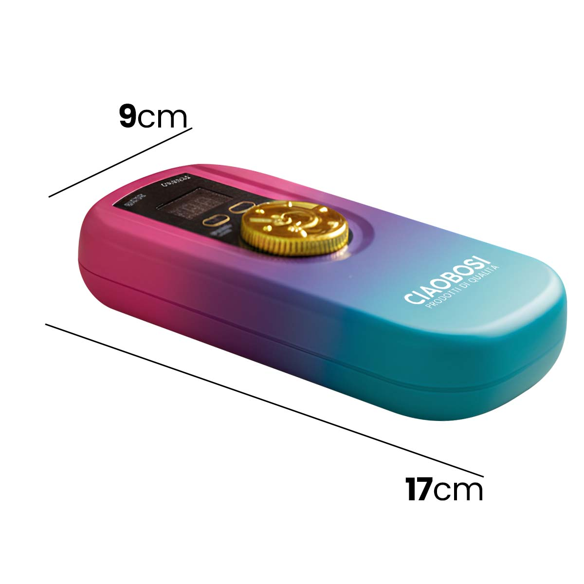 Ein farbverlaufendes Gerät mit Goldknopf und digitalen Anzeigen.